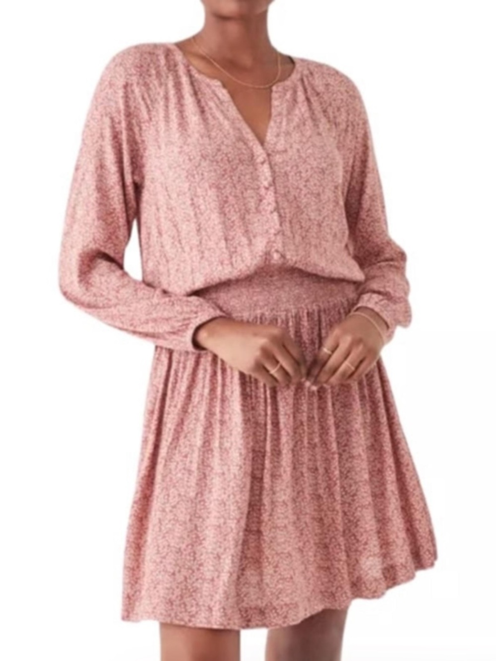 Faherty Floral Leaf Print Smocked Waist V-Neck Mini Dress Dusty Rose Pink Large